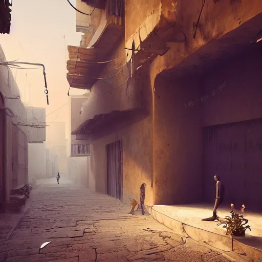 Prompt: old jeddah city alley, roshan, old shops, horse, magical glowing time portal, a man wearing a worn out white robe, dramatic lighting sci fi, by caspar david friedrich by beeple and james gilleard and justin gerard, centered, artstation, smooth, sharp focus, photoreal octane render, 3 d, by jean baptiste monge