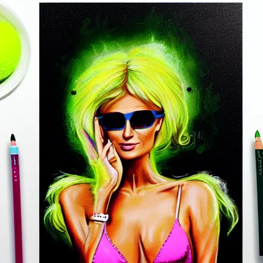 Image similar to a Paris Hilton, woman, paris hilton tennis ball monster, tennis ball, chalk, digital art, fantasy, magic, trending on artstation, ultra detailed, professional illustration by Basil Gogos