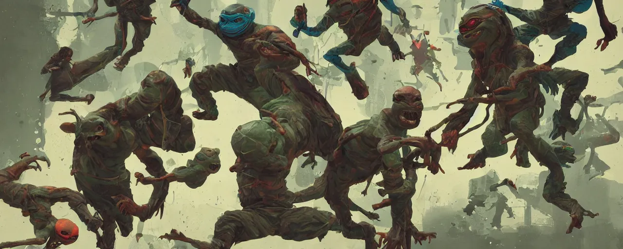 Image similar to duotone olive mutagen illustration 3 / 4 portrait of gollum kung fu fighting with ninja turtles chaotic composition accidental renaissance golden ratio. by sachin teng and sergey kolesov and ruan jia and heng z. graffiti art, scifi, fantasy, hyper detailed. octane render. concept art. trending on artstation