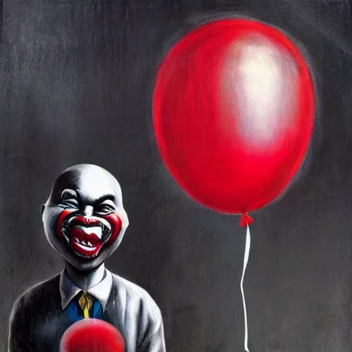 Image similar to grunge painting of kanye with a wide smile and a red balloon by chris leib, loony toons style, pennywise style, corpse bride style, horror theme, detailed, elegant, intricate