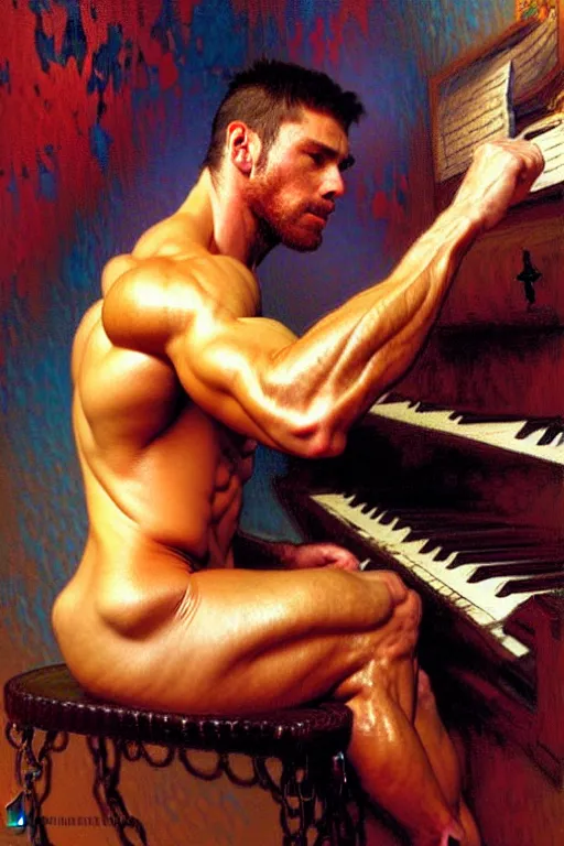 Image similar to attractive muscular man, playing piano, cool colors, painting by gaston bussiere, craig mullins, greg rutkowski, alphonse mucha