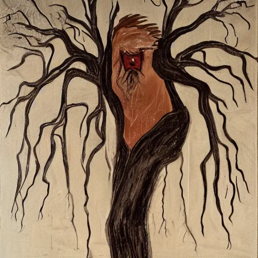Prompt: The performance art shows a man caught in a storm, buffeted by wind and rain. He clings to a tree for support, but the tree is bent nearly double by the force of the storm. The man's clothing is soaked through and his hair is plastered to his head. His face is contorted with fear and effort. burnt sienna by Adonna Khare, by Syd Mead turbulent