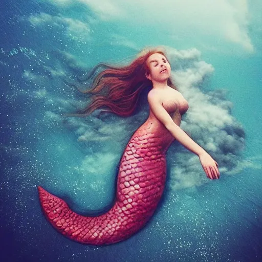 Prompt: “giant mermaid swimming through the clouds”