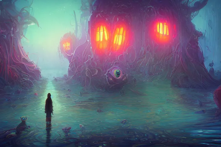 Prompt: intricate colourful murky with strange cute friendly angry crazy creatures with huge beauty eyes long tongue triangle teeth and scary face appearing from the water digital painting bioluminance alena aenami artworks in 4 k rtx hdr design by lois van baarle by sung choi by john kirby and artgerm style pascal blanche and magali villeneuve