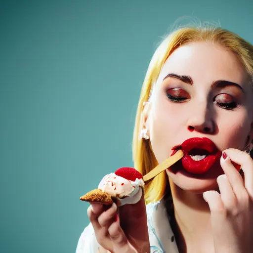 Image similar to a woman with red lipstick eating an ice cream cone extreme closeup