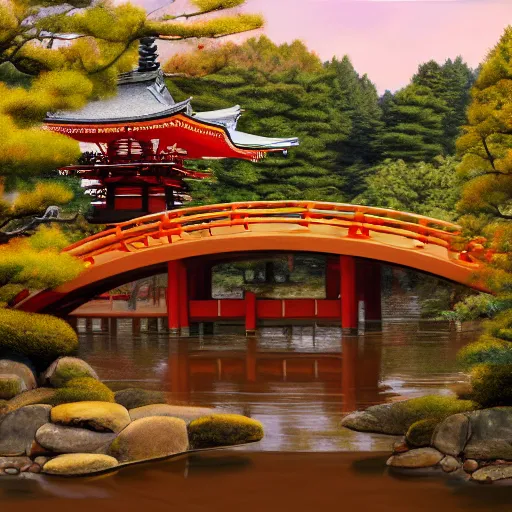 Image similar to japanese temple, bridge, waterside, digital art, irina french, heraldo ortega, mandy jurgens golden ratio,, award winning, masterpiece, trending on artstation, 8 k 1 5 0 mpx