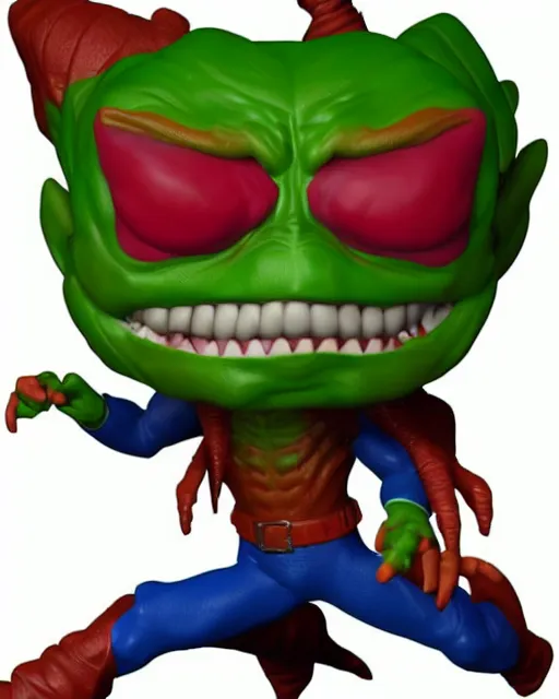 Image similar to full body 3d render of no way home green goblin as a funko pop, studio lighting, white background, blender, trending on artstation, 8k, highly detailed