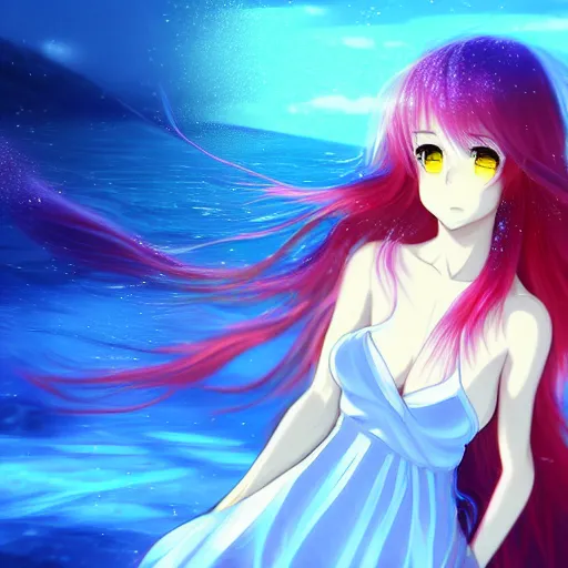 Image similar to advanced digital anime art, a very cute gorgeous teenage girl with a body made of fire and ice , full body, very long snow colored hair, sky blue highlights in hair, red fiery watery eyes, wearing a dress made of water, full round face, dramatic cinematic lighting, wideshot, highly intricately detailed, glitched background, cracked screen, trending on pixiv, Artstation, painted by Rossdraws and the style of Sakimimichan