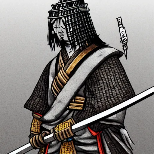 Prompt: japanese samurai boss inspired from dark souls 3 near a river, digital illustration, highly detailed art, 8k image quality, full body camera shot