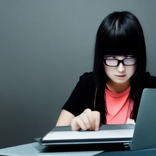 Prompt: hacker girl with glasses sitting like L Lawliet in front of a lot of code