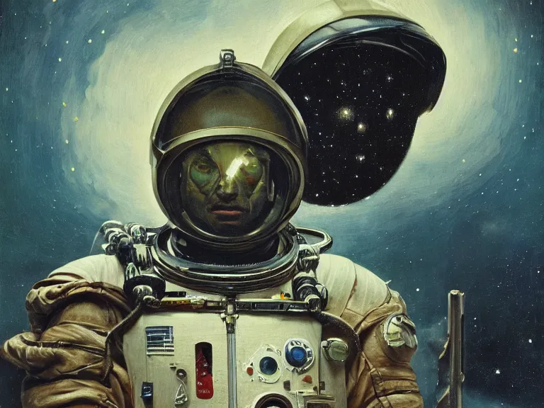 Image similar to a detailed profile oil painting of an explorer in a spacesuit with reflective helmet, advanced technology flight suit, portrait symmetrical and science fiction theme with aurora lighting clouds and stars by beksinski carl spitzweg and tuomas korpi. baroque elements, full-length view. baroque element. intricate artwork by caravaggio. Trending on artstation. 8k