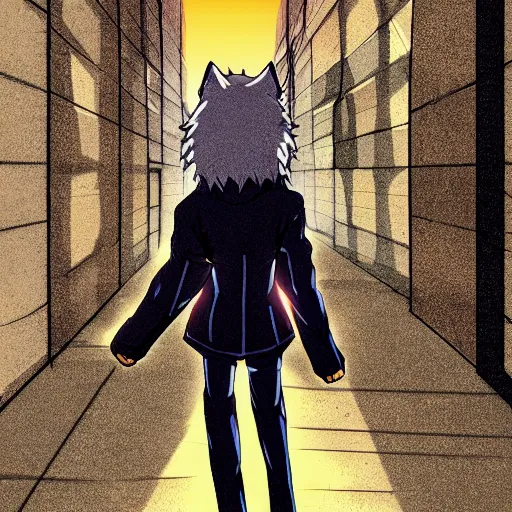 Image similar to key anime visual of a handsome male anthro wolf furry fursona wearing an edgy outfit as he walks outdoors in a city at sunset, official modern anime scene