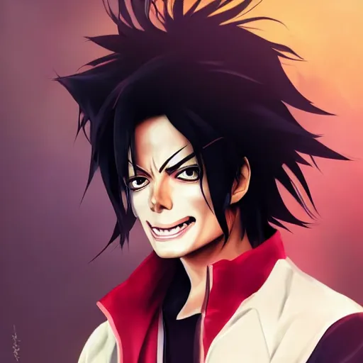 Image similar to michael jackson as an anime protagonist, beautiful anime style, portrait, close - up, cinematic rim lighting, dramatic pose, beautiful sunset, professional, highly detailed, clear, sharp, smug expression, trending on artstation