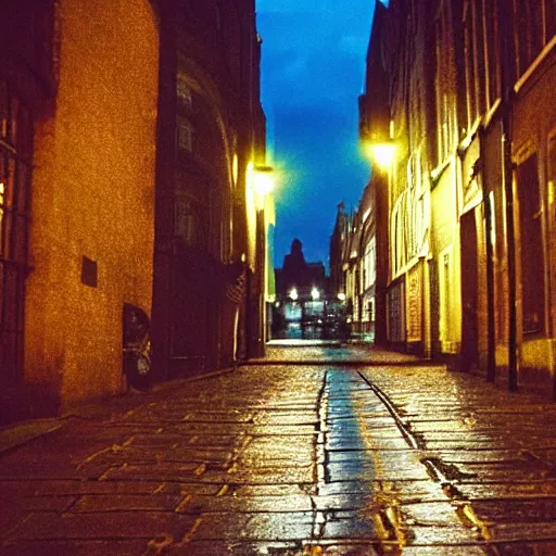 Image similar to photo, london cobblestone street at night, 5 0 mm f / 1. 4, cinestill 8 0 0,