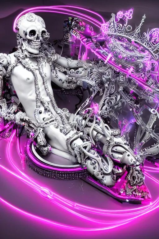 Image similar to full-body rococo and cyberpunk style neon statue of a young attractive portugues macho dotado android reclining sim roupa con piroca, glowing white laser eyes, prince crown of pink gears, diamonds, swirling silver-colored silk fabric. futuristic elements. full-length view. space robots. human skulls. intricate artwork by caravaggio. Trending on artstation, octane render, cinematic lighting from the right, hyper realism, octane render, 8k, depth of field, 3D