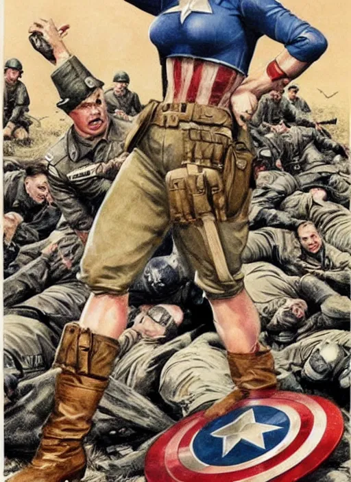 Prompt: beautiful female captain america standing on a pile of defeated german soldiers. feminist captain america wins wwii. boot on hitler's head. american wwii propaganda poster by james gurney