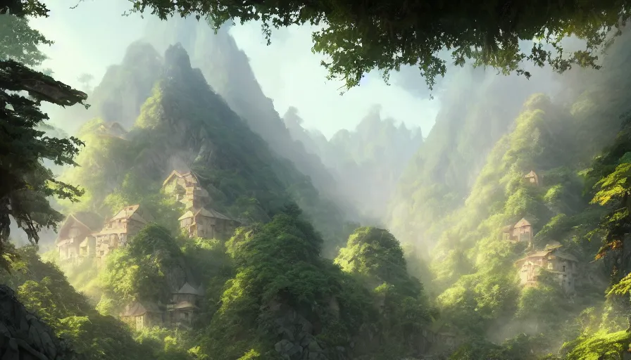 Prompt: A highly detailed matte painting of a village below a mountain range made of trees, by Studio Ghibli, Makoto Shinkai, by Artgerm, by WLOP, by Greg Rutkowski, volumetric lighting, octane render, 4K resolution, trending on artstation, masterpiece