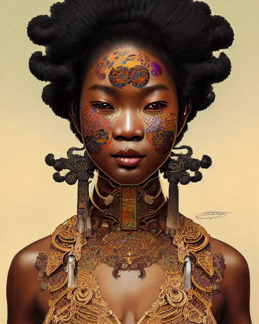Prompt: portrait of a afro goddess, machine face, upper body, decorated with chinese opera motifs, asian, traditional chinese art, intricate, elegant, highly detailed, digital painting, artstation, concept art, smooth, sharp focus, illustration, art by artgerm and greg rutkowski and alphonse mucha, 8 k