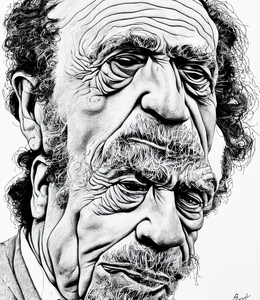 Image similar to detailed line art portrait of charles bukowski, inspired by egon schiele. caricatural, minimalist, bold contour lines, musicality, soft twirls curls and curves, confident personality, raw emotion
