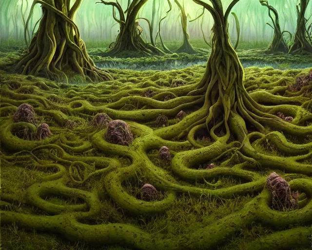 Prompt: A surreal swampy landscape with tall tentacular roots rising out of the ground like an alien planet, no vegetation except for small plants, wide-angle lens effect, creeper, low-poly, cinematic. 16k render. Impressionist painting style. Matte painting, hyperrealistic, photorealism, detailed. HDR lighting. Widescreen format, HDR. Film grain. Wide screen format, HDR.