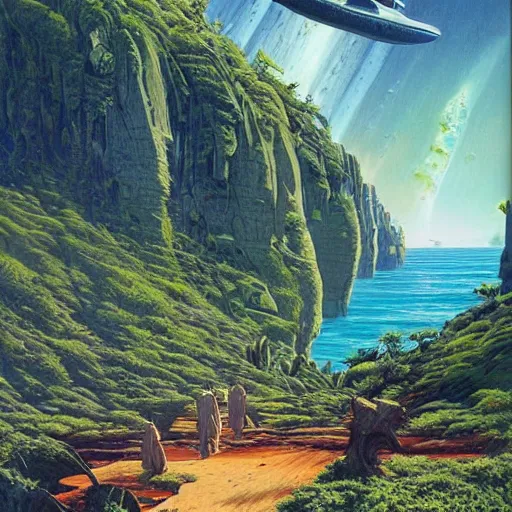 Image similar to beautiful illustration of a lush natural scene on an alien planet by vincent di fate. science fiction. extremely detailed. beautiful landscape. weird vegetation. cliffs and water.