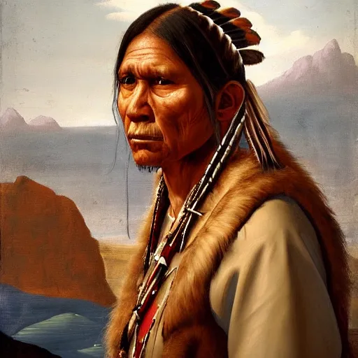 Image similar to renaissance portrait painting of a native american, artstation