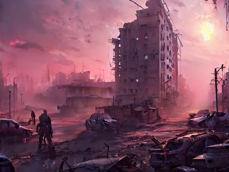 Prompt: postapocalyptic city of syzran!!!, militaristic!!!, romantic!!!, hyperrealistic, highly detailed, cinematic, pink sunlight!, beautiful, cgssociety, artstation, 8 k, oil painting by greg rutkowski, by artgerm, by wlop