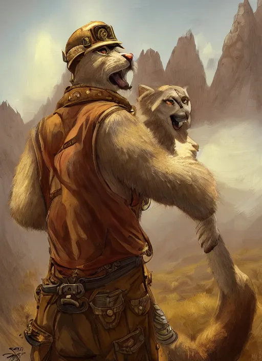 Image similar to fursona commission of a anthro albino mountain lion wearing old-timey miner's clothes. pretty, beautiful, DnD character art portrait, matte fantasy painting. Desert mining town. DeviantArt Artstation, by Jason Felix by Steve Argyle by Tyler Jacobson by Peter Mohrbacher, cinematic lighting