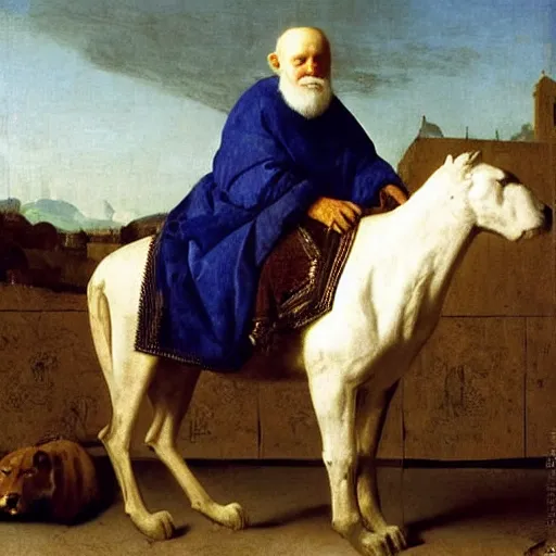 Image similar to old man ( wise long white beard wearing a hooded tunic ) riding on lions back by vermeer