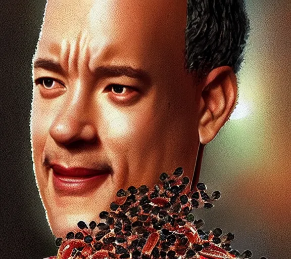 Image similar to Tom hanks as forrest gump wearing a necklace made out of shrimps around the neck, realistic face, digital art, in the style of Raphael Lacoste, amazing detail, artstation