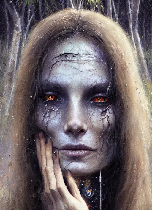 Image similar to close - up face portrait of a beautiful skinny woman crying as witch in front of the full big moon in a fantasy forest, by james gurney, greg rutkowski, highly detailed digital art, artstation