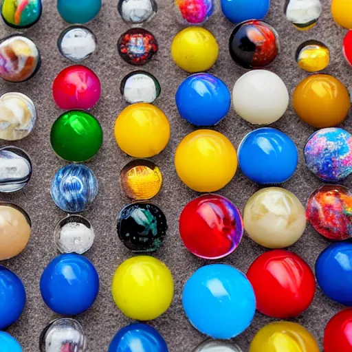 Prompt: a field filled with different colored marbles all together, natural lighting on a sunny day, wide angle photography, 4 k,