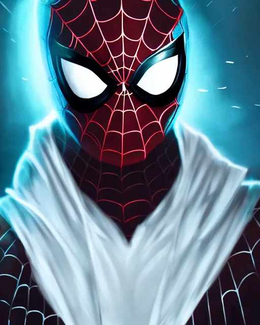 Image similar to spiderman in a white hood, 8 k photo, portrait, dynamic lighting, fantasy concept art, trending on art station, stunning visuals, creative, cinematic, ultra detailed, comic strip style