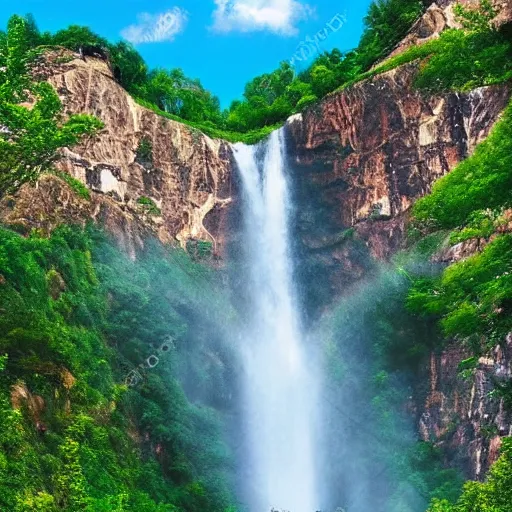 Image similar to beautiful mountain valley, cinegraphic, very very very detailed, waterfall, blue sky