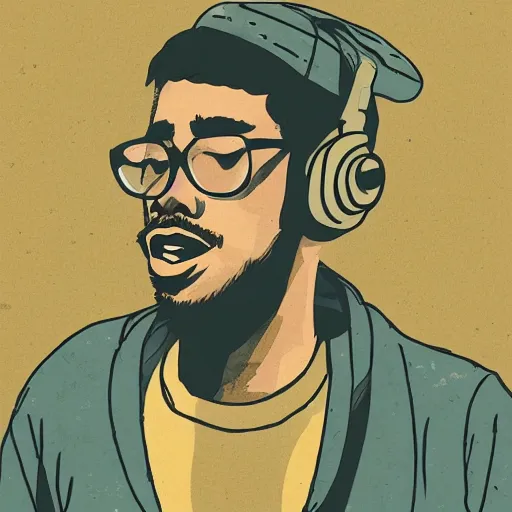 Image similar to an illustration that looks very similar to lo - fi hip hop guy in recording studio