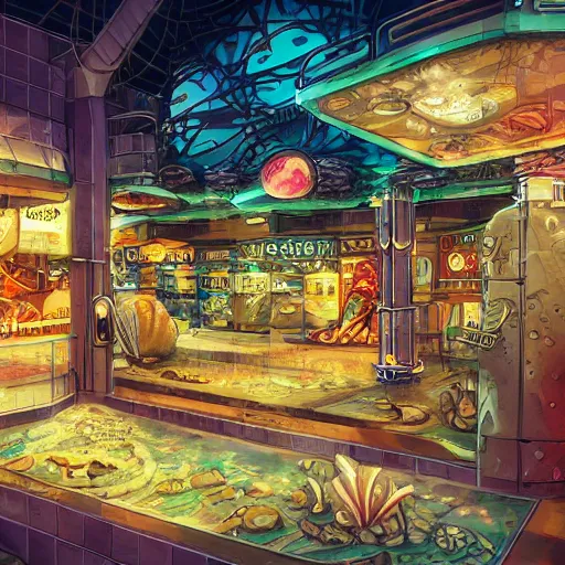 Image similar to undersea shopping center built from various sea shells, sea weed, light diffraction, steampunk, cyberpunk, warm lights, anime, vhs distortion