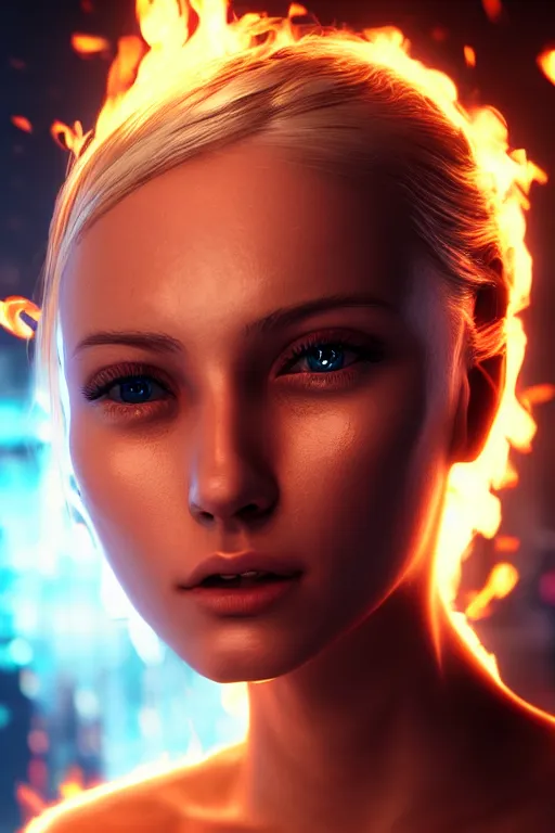 Image similar to young blonde woman playing with fire coming out of her eyes, cyberpunk, realistic, high definition, many details, dramatic scene, symmetrical face, realistic eyes, unreal engine art 5