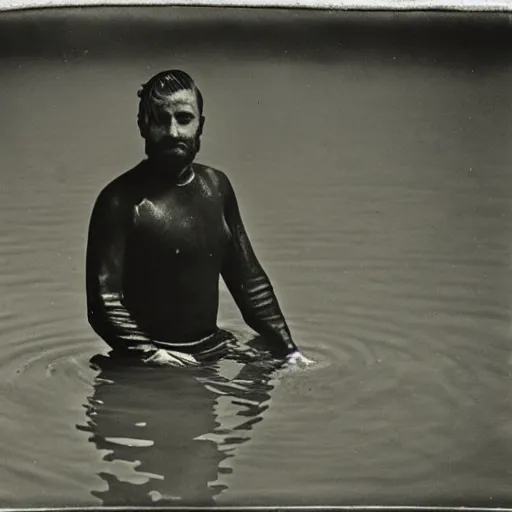 Image similar to A wet-collodion portrait of a man who is in a lake, half of his body is submerged while the other half is above the water, calming, serene, peaceful