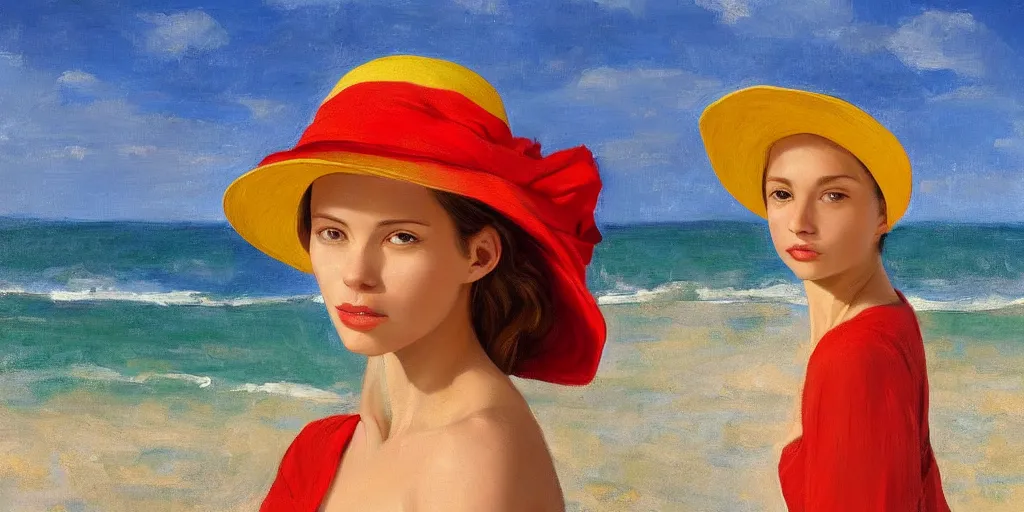 Prompt: beautiful oil matte portrait painting, young woman with red dress and mustard yellow summer hat at a beach on a sunny day, wonderful masterpiece highly detailed, beautiful cinematic light deep focus, elegant, digital painting, smooth, sharp focus, golden ratio, dramatic illumination, ultra realistic, 8 k, art by jimmy law and caravaggio