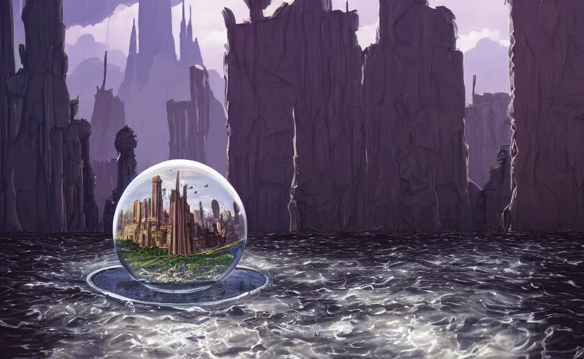 Prompt: a scary hyperrealist painting of a post - apocalyptic new york city inside a giant transparent forcefield crystal ball from howl's moving castle ( 2 0 0 4 ) in a flooded monument valley stonehenge jungle. depth perception, 4 k, artstation, in the style of studio ghibli