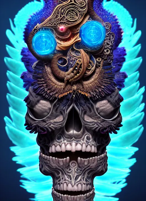 Image similar to 3 d shaman with tattoos profile portrait, sigma 5 0 0 mm f / 5. beautiful intricate highly detailed quetzalcoatl skull and feathers. bioluminescent, plasma, lava, ice, water, wind, creature, thunderstorm! artwork by tooth wu and wlop and beeple and greg rutkowski, 8 k trending on artstation,