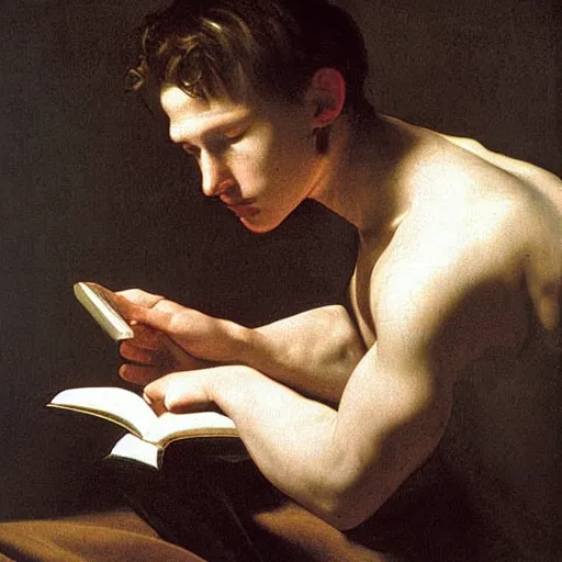 Prompt: Tom Holland reading a book. Painted by Caravaggio, high detail