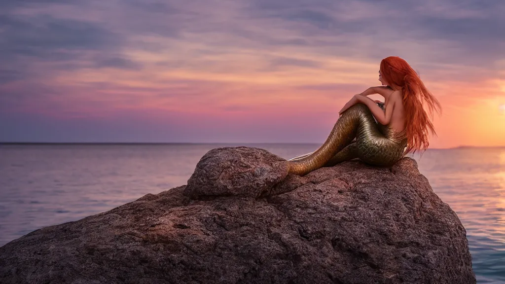 Image similar to a beautiful photograph of a mermaid sits on a rock and stares at the island, sunset lighting, rim light, hyper realistic, 1 0 5 mm, cinematic frame