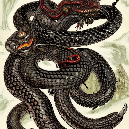 Image similar to Serpent King, snakes, Grubby, volatile, abomination, highly detailed, maximalist
