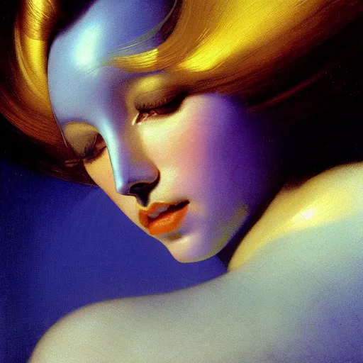 Prompt: a chrome woman's face in flowing sheets of cobalt blue gold chrome silver satin, by moebius syd mead roger dean wojciech siudmak donato giancola yoshitaka amano ivan aivazovsky jan de heem pieter claesz paul delaroche alma tadema aelbert cuyp willem claesz, hyperrealistic volumetric light render