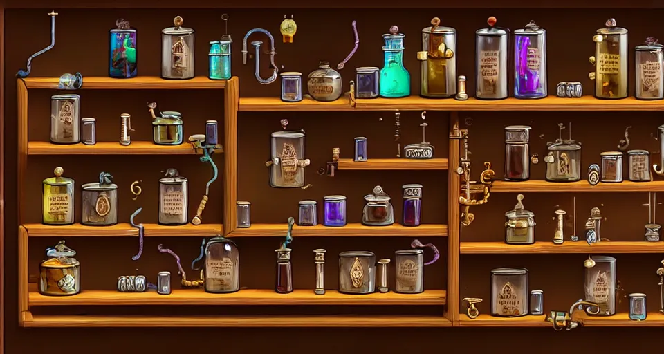 Image similar to a bookshelf of wonderful magical experiments, located in a wizard's shop, full of trinkets and magical potions flasks vials, bubbling liquids, smoking vessels, detailed, 4 k