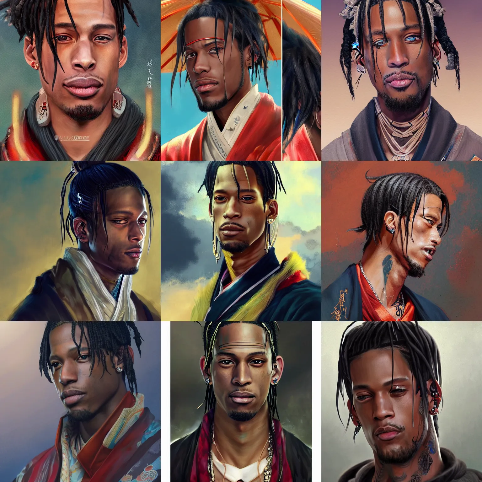 Prompt: A realistic anime portrait of Travis Scott wearing a kimono, from Skyrim, digital painting, by Stanley Artgerm Lau, WLOP, and Rossdraws, digtial painting, trending on ArtStation, deviantart