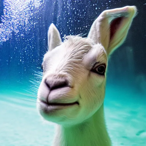 Prompt: Underwater shot of a baby goat's head eating a carrot, water bubbles, particulate, extremely detailed, studio lighting