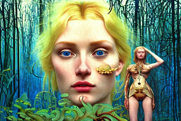 Image similar to realistic detailed photorealistic film portrait shot of a beautiful blond woman with an alien in a futuristic forest by Denis Villeneuve, Amano, Yves Tanguy, Alphonse Mucha, Ernst Haeckel, Andrei Tarkovsky, Edward Robert Hughes, Roger Dean, rich moody colours, wide angle, blue eyes