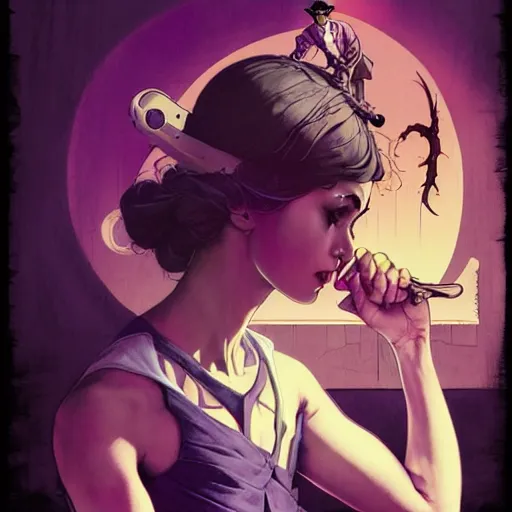 Prompt: artgerm, norman rockwell, joshua middleton, purple color pallete, welcome to night vale, lighthouse in the desert, giant centipede, spooky strange weird quirky, cartoon, 2 d, shades of purple